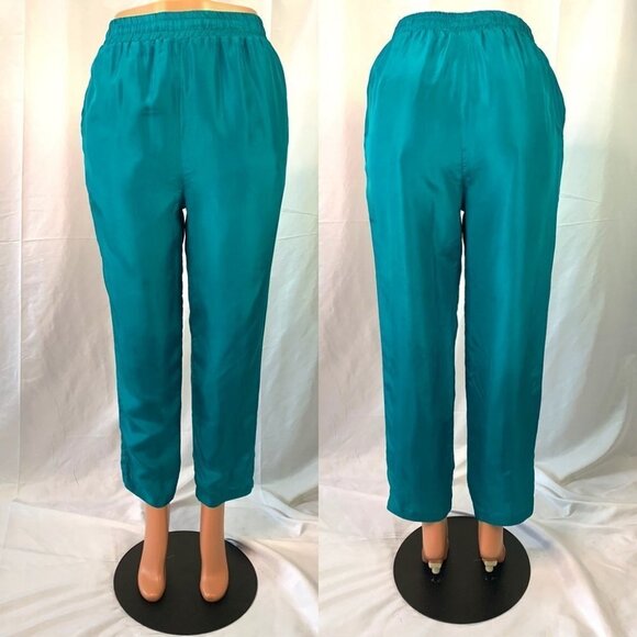 SECOND WIND VINTAGE SILK PANT LINED ELASTIC WAISTBAND HIGH RISE TROUSER WOMEN 10 - Picture 2 of 16